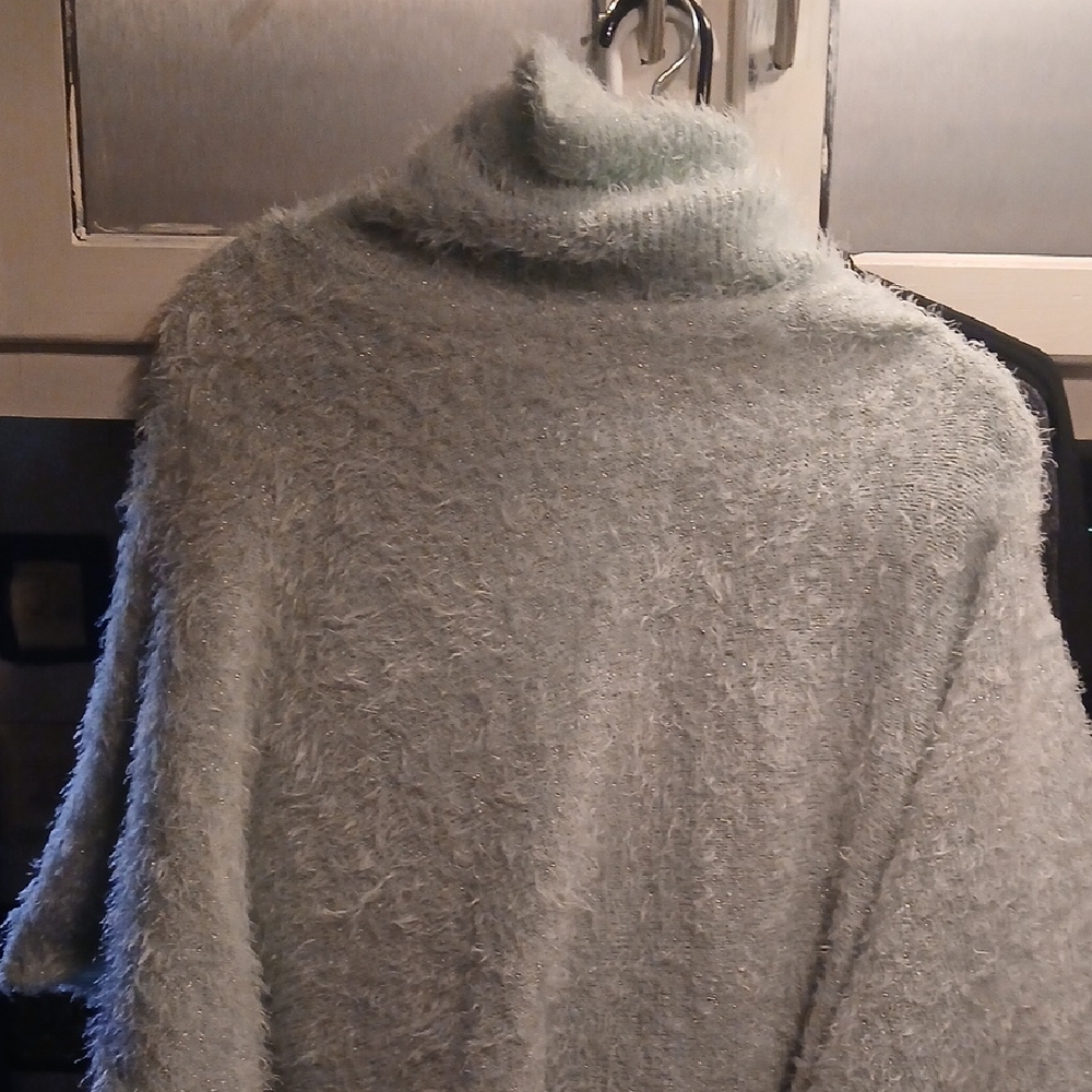 Fuzzy Turtleneck Poncho Sweater in Light Gray